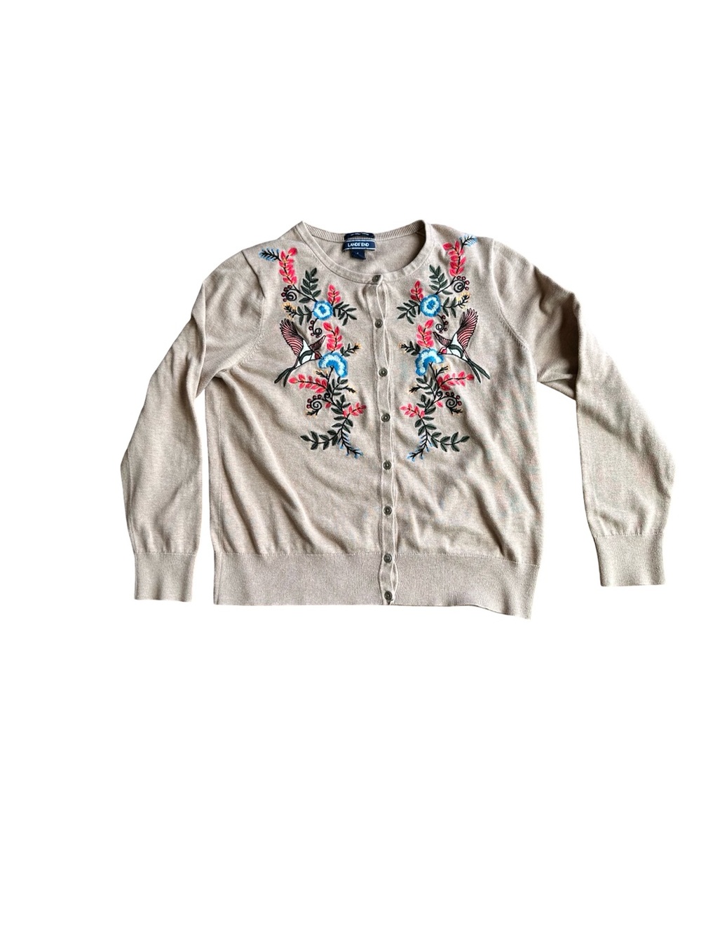 Lands' End Beige Cardigan with Floral & Bird Embroidery
